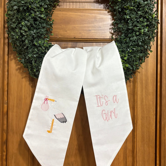 It's a Girl with Stork Wreath Sash